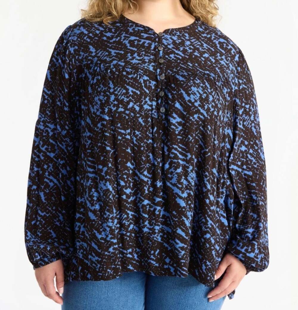 Terra & Sky 3X Plus Peasant Blouse Blue Brown Abstract Print Long Sleeve Boho
